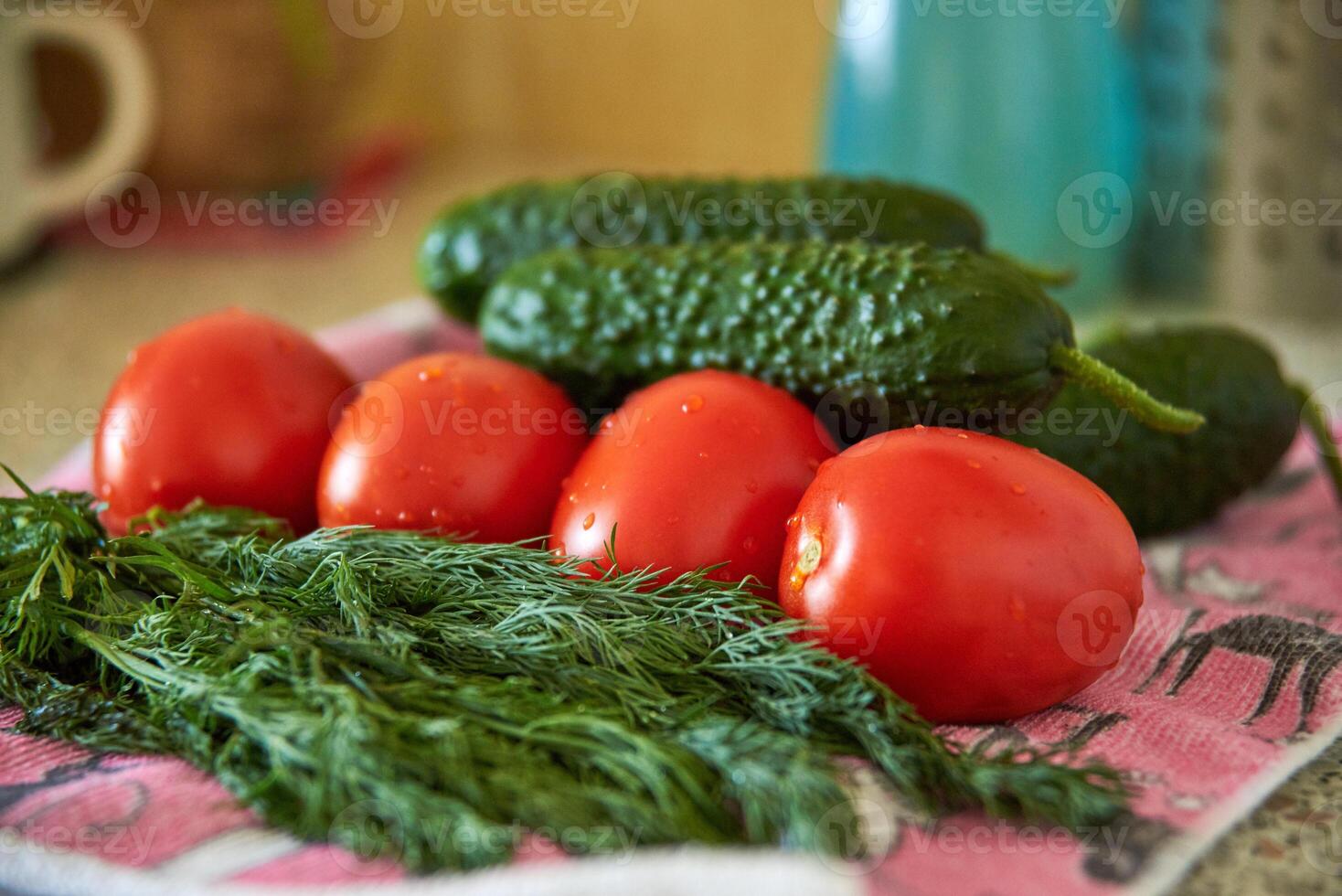 Tomatoes, cucumbers and green dill close-up, fresh harvest, preparation for salad, diet food photo