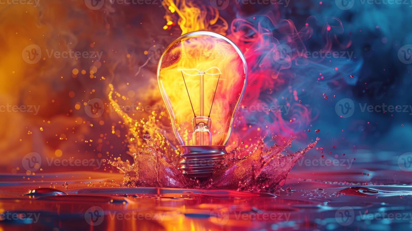 Artistic depiction of an illuminated light bulb exploding in vibrant colors, symbolizing creative ideas photo