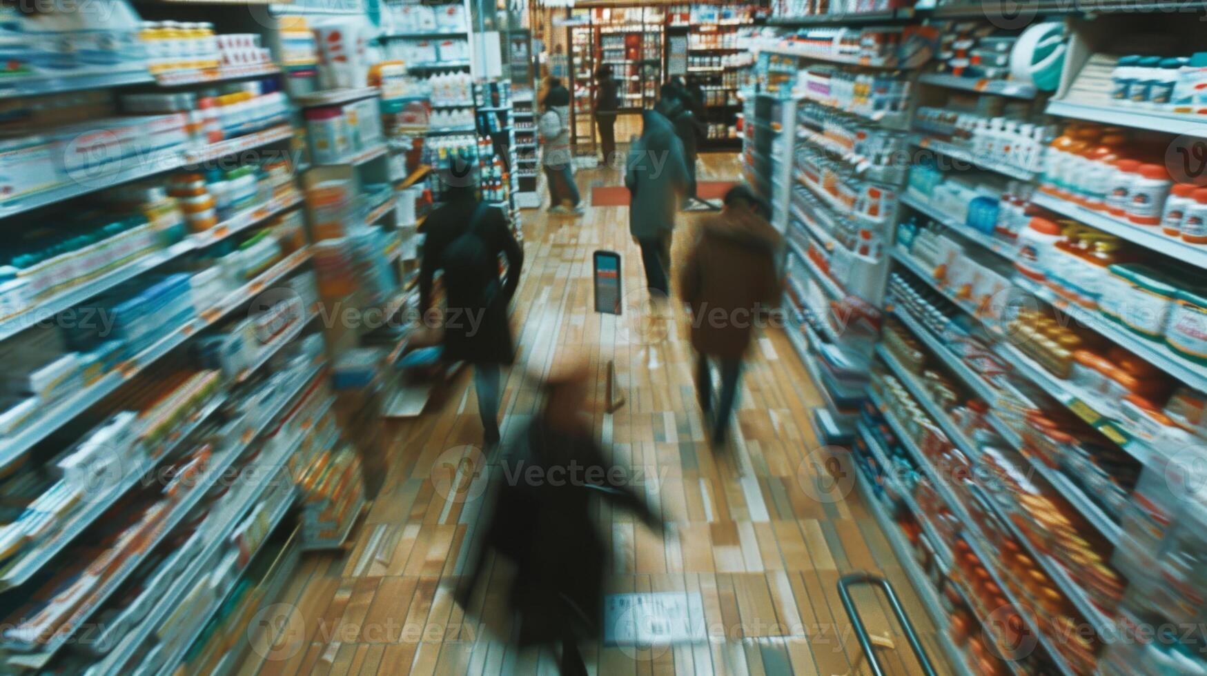 Blurred motion abstract of busy customers in a pharmacy photo