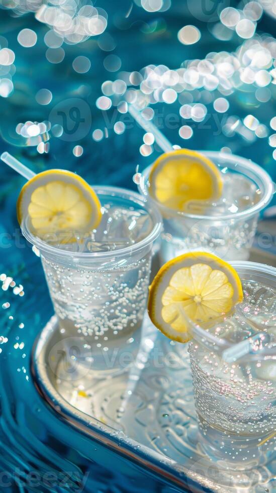 Closeup of three plastic cups with fizzy lemonade garnished with lemon slices on a tray photo