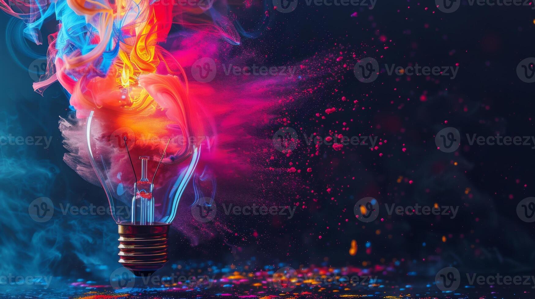 Vibrant light bulb bursting with dynamic colors and swirling smoke photo