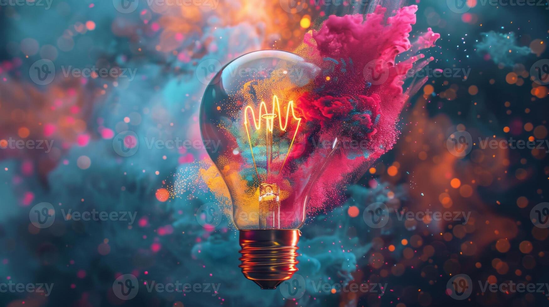 Burst of vibrant, creative colors radiates from a light bulb, representing inventive concepts photo