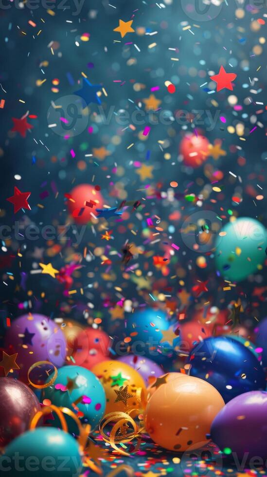 Lively party scene with balloons, confetti, and stars, ideal for celebrating special events photo