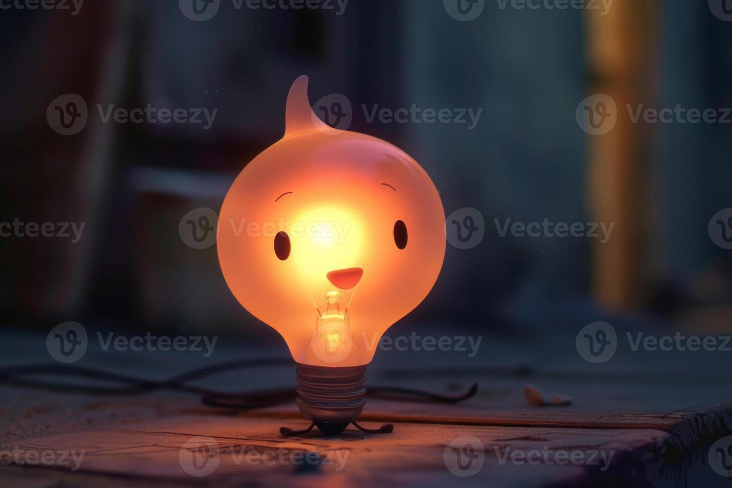 Charming light bulb character with a radiant smile brightening a gentle evening scene photo