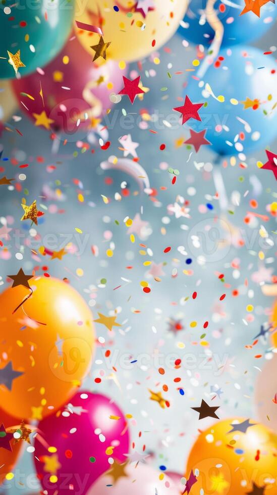 Vibrant party backdrop featuring colorful balloons, confetti, and sparkling stars, perfect for festive occasions photo