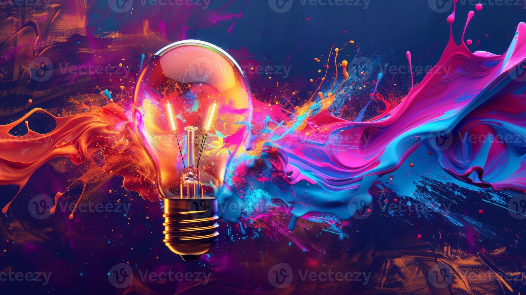 Explosive light bulb with vibrant paint splashes against a dark backdrop photo