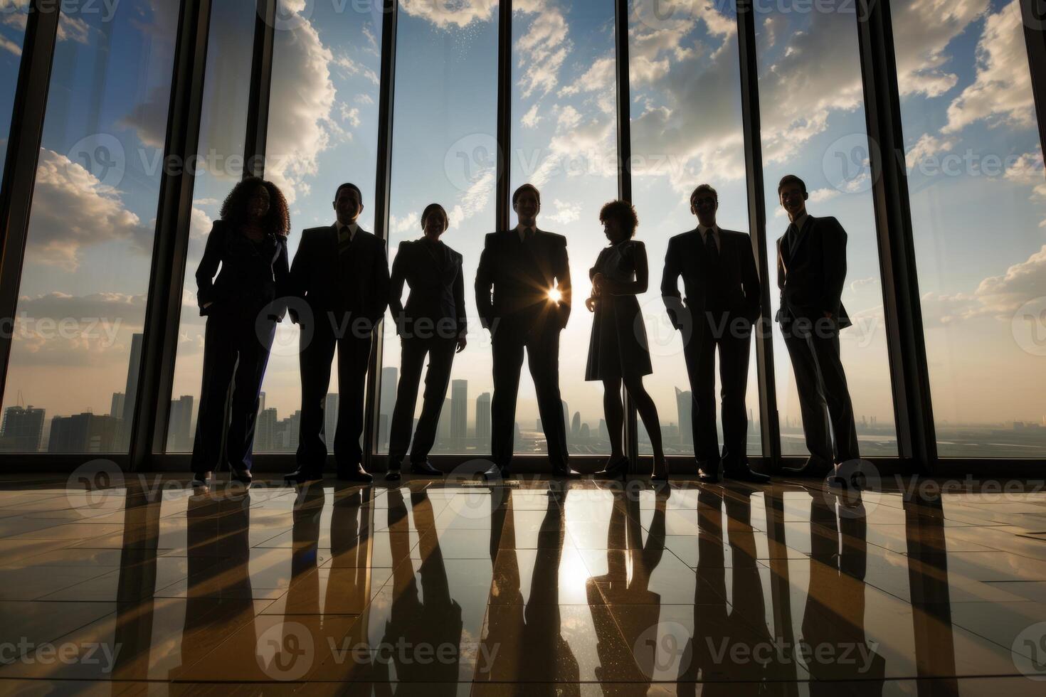 Professional business team silhouetted against office windows with city skyline backdrop at sunset photo