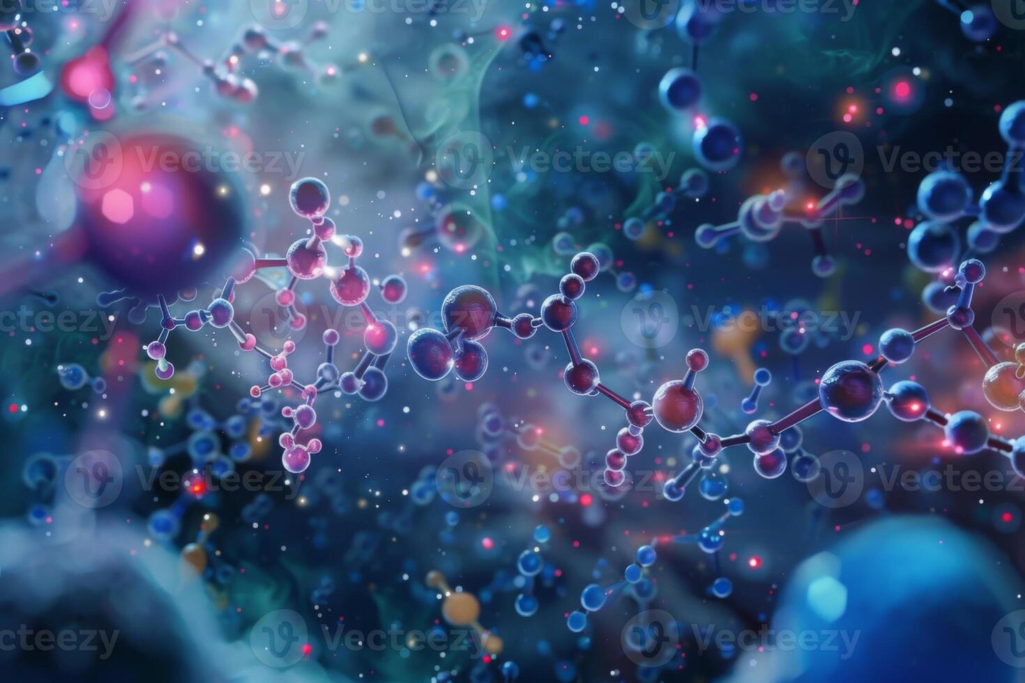 Vibrant 3d rendered molecular structures in abstract art, representing a biochemistry concept photo