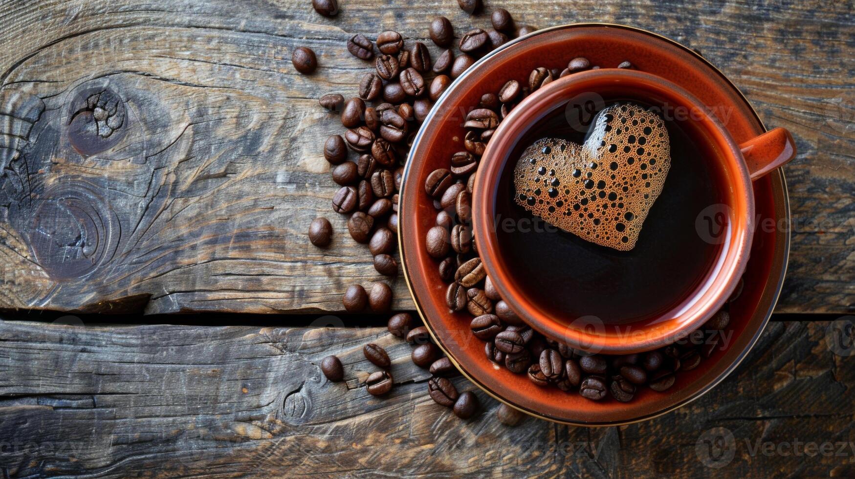 Cozy cup of coffee with heart shaped foam surrounded by coffee beans on a wooden table photo