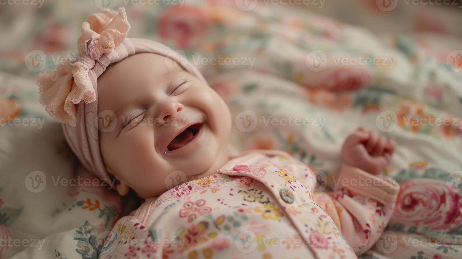Sweet infant baby girl giggling on a flower patterned blanket photo