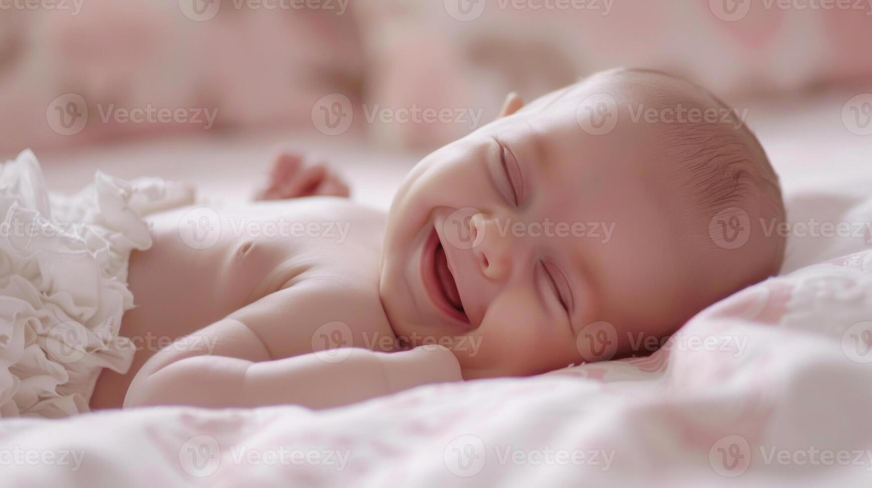 Charming photo capturing a happy newborn baby girl, smiling while resting in a cozy environment
