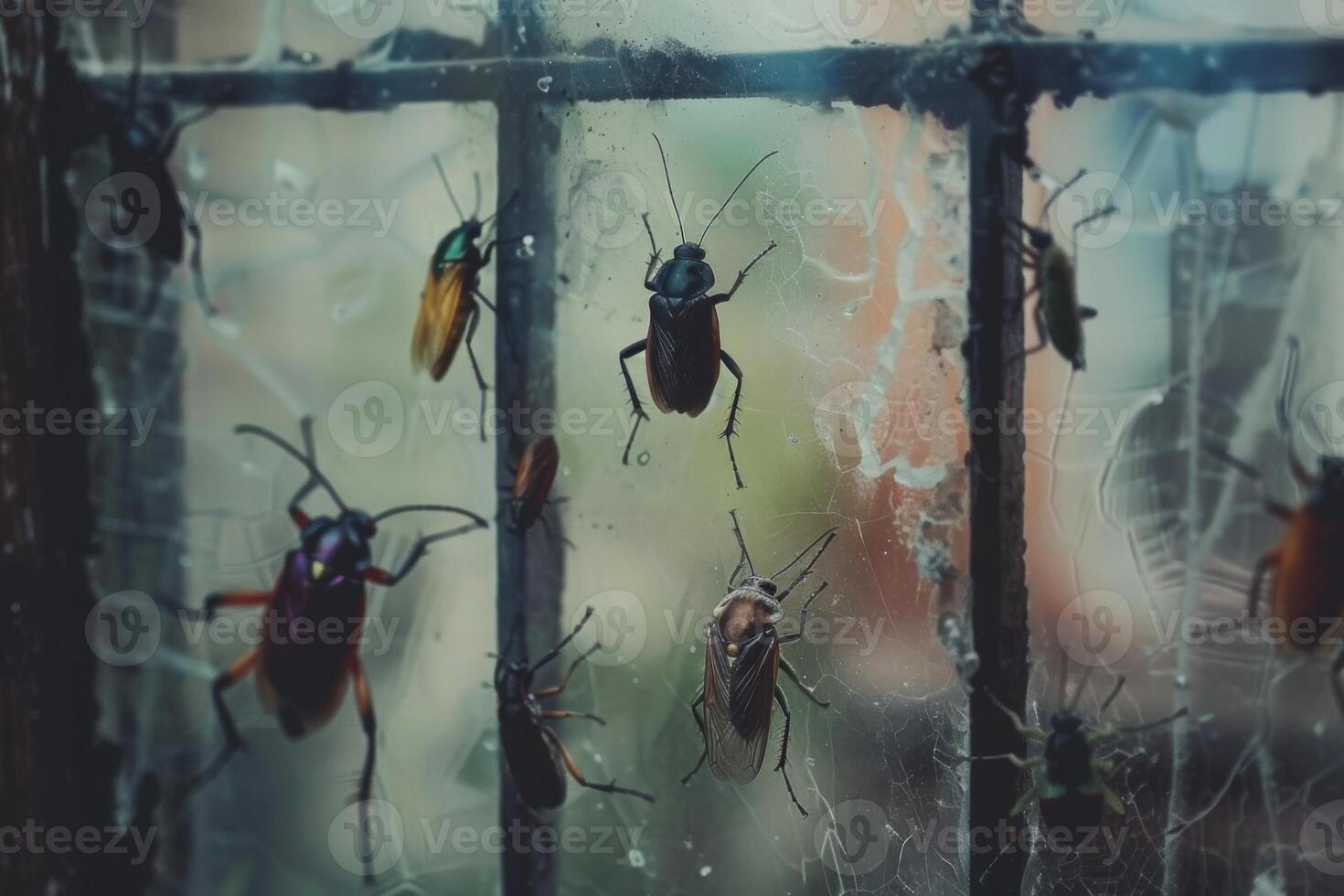 Numerous insects creep on a grimy window in a deserted location, evoking a creepy ambiance photo