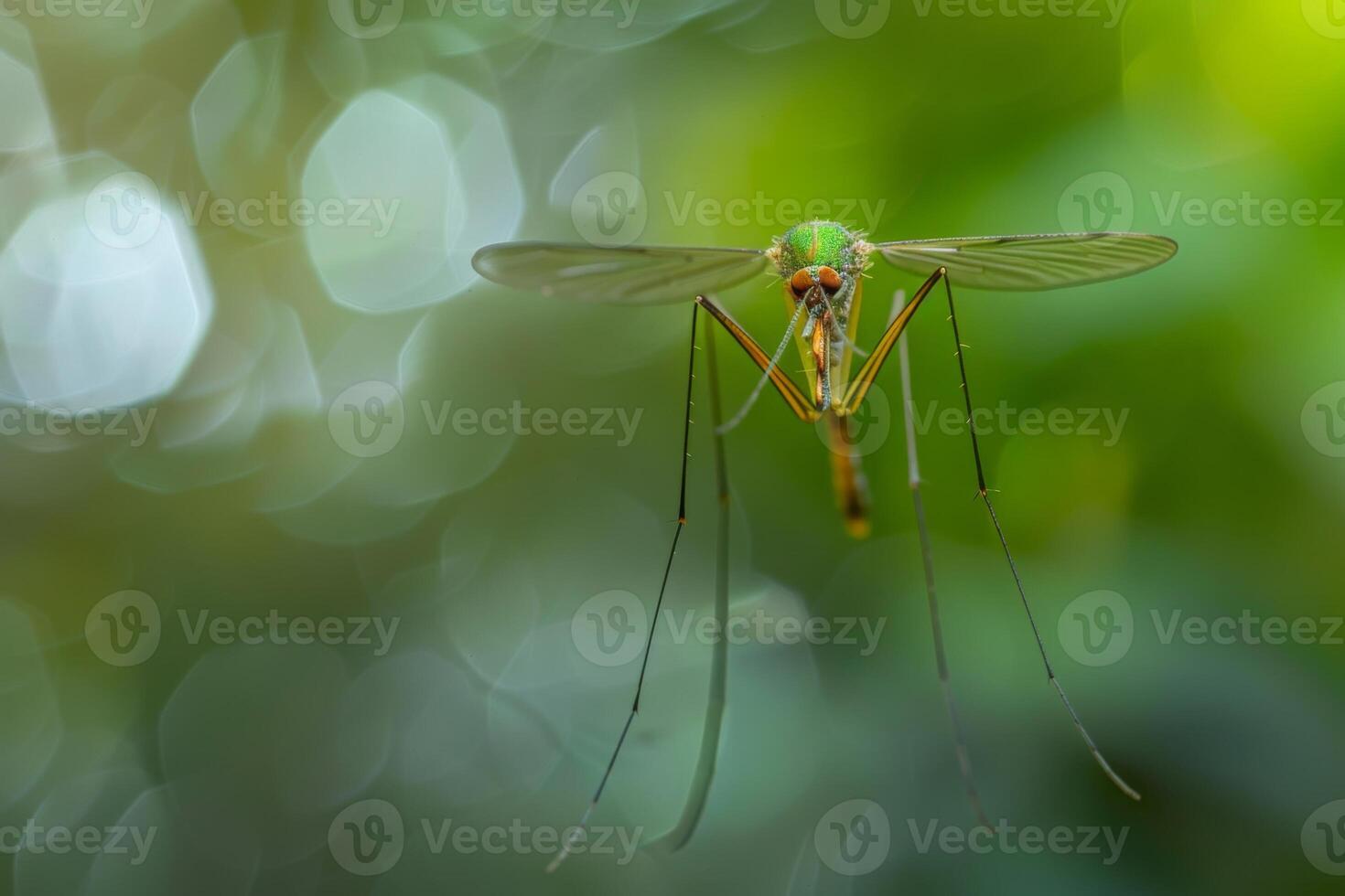 Green mosquito perched on a branch against a vibrant green backdrop photo