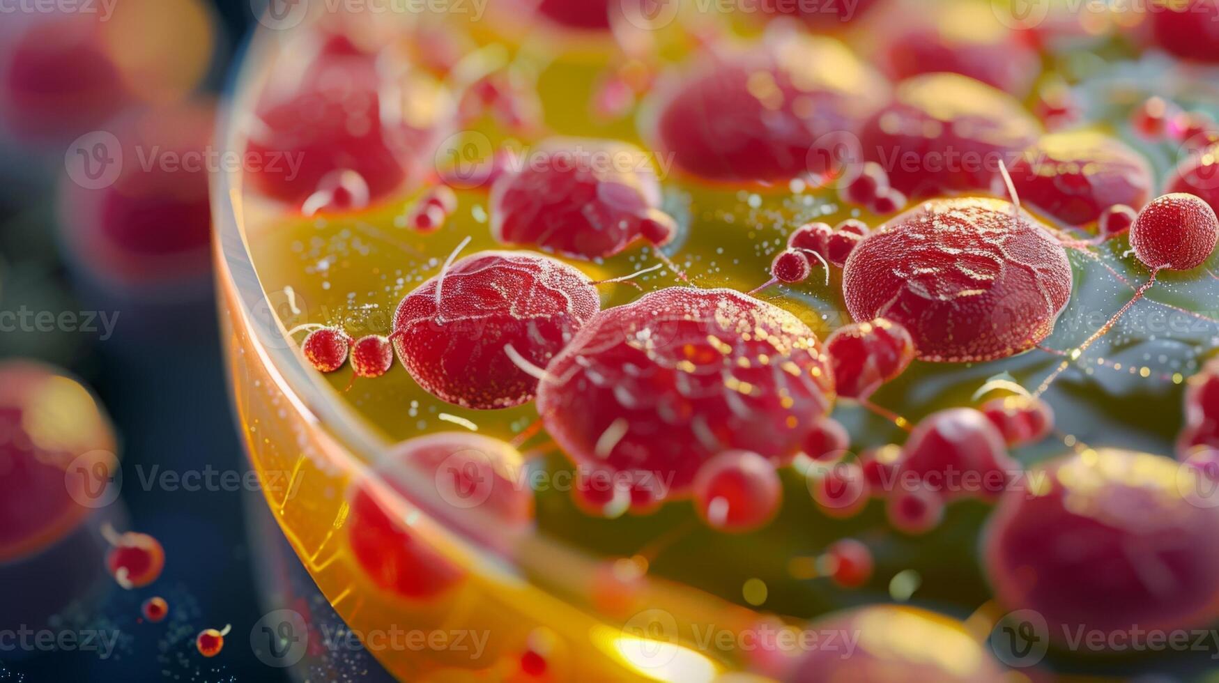 Close up shot of colorful bacterial colonies growing on agar in a laboratory setting photo