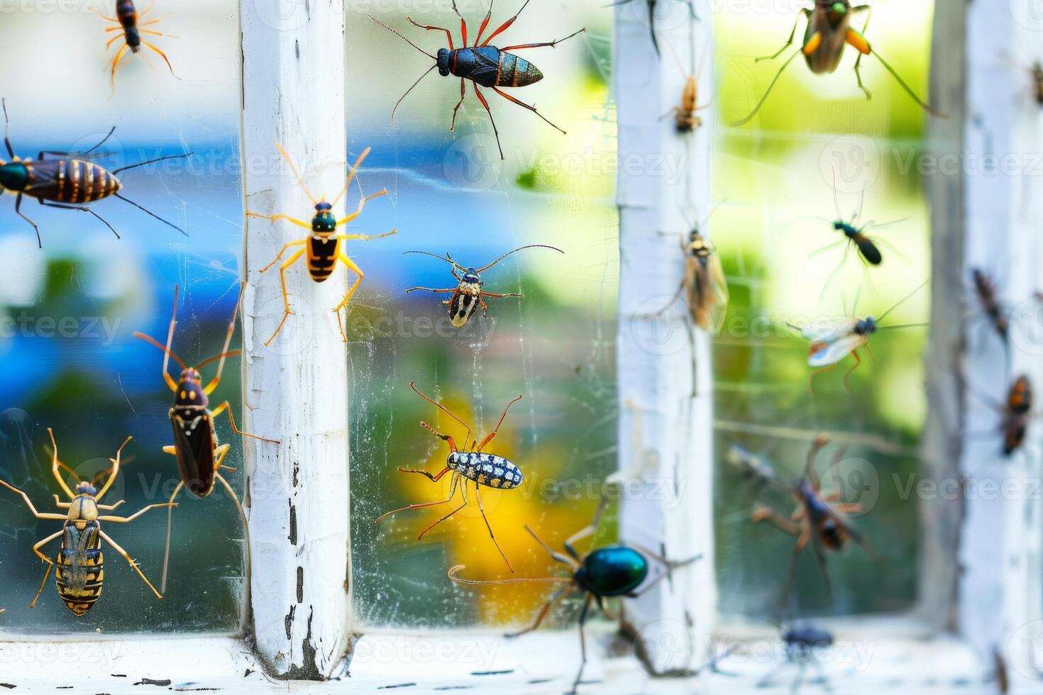 Close up shots of various insects on a window pane during the summer season photo