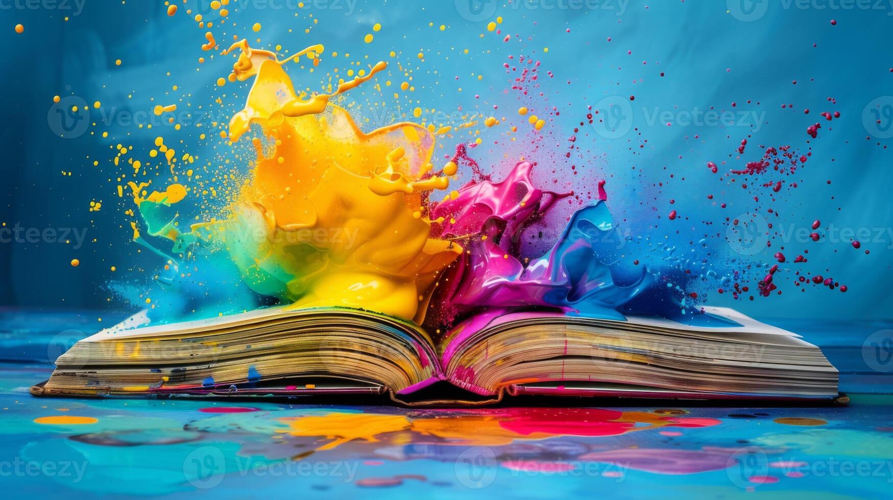 Vibrant paint splashes rise from an open book, symbolizing imaginative and artistic inspiration photo