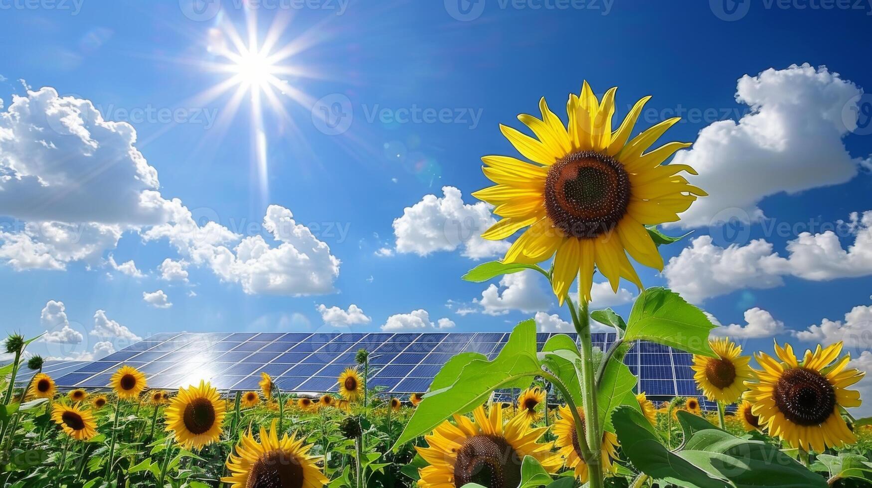 Solar panels amidst towering sunflowers basking in the sunlight photo