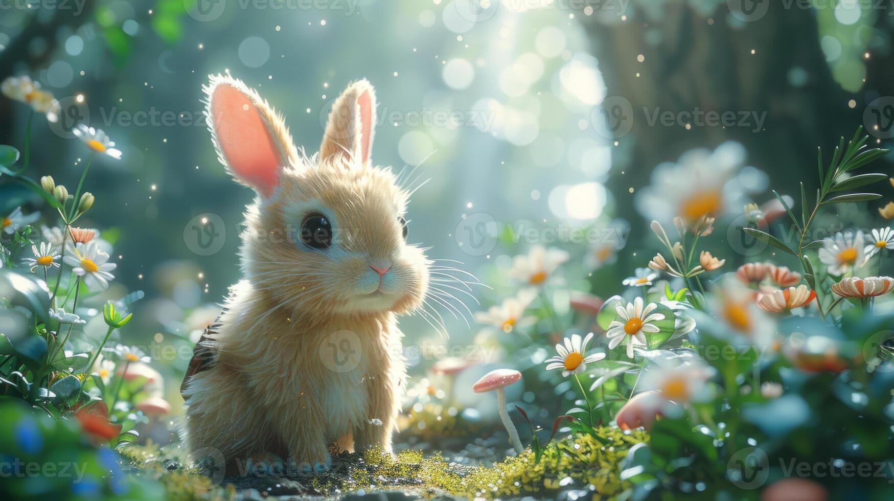 Whimsical bunny amidst a sunlit floral meadow photo