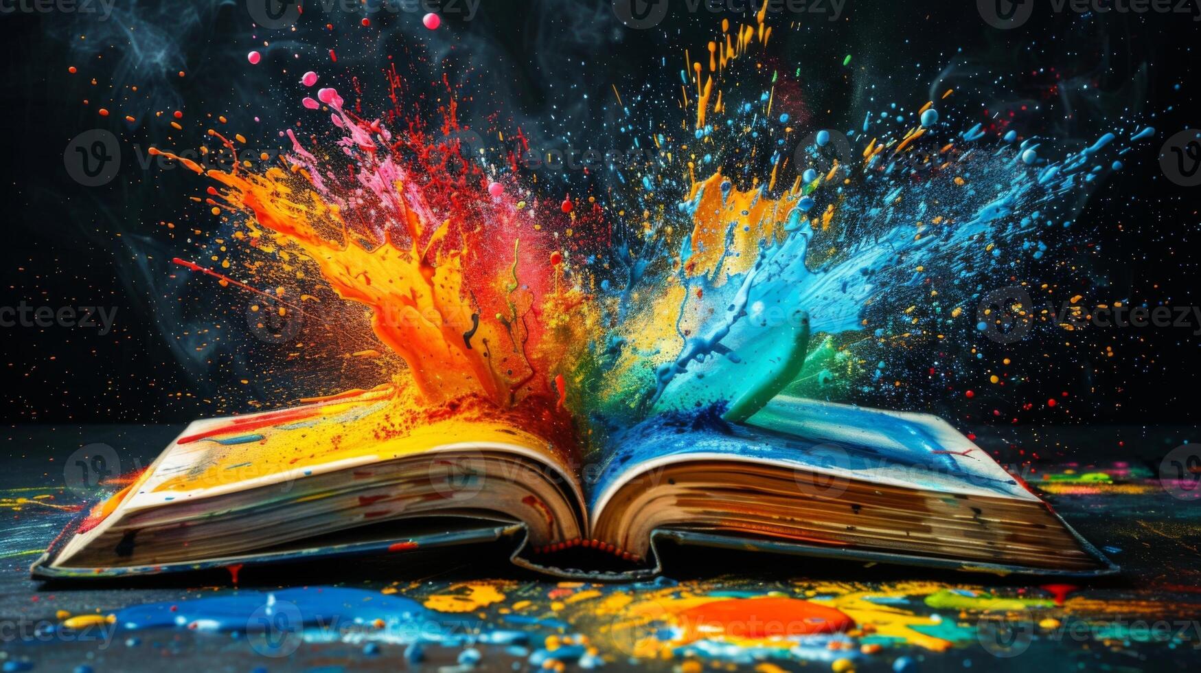 Dynamic image of colorful paint splashes bursting from the pages of an open book photo