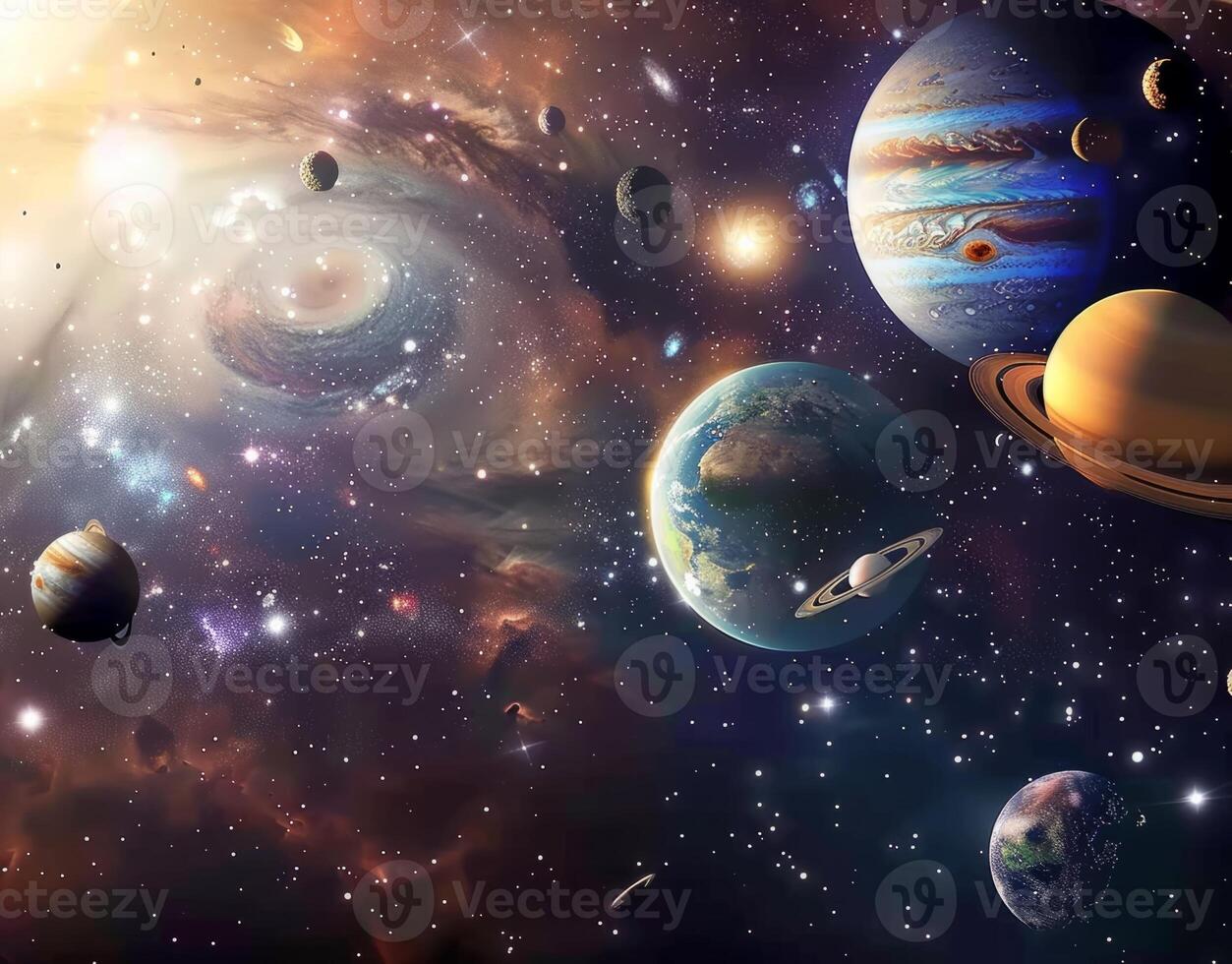 Vibrant artwork showcasing a stunning array of planets and cosmic phenomena in a starfilled galaxy photo