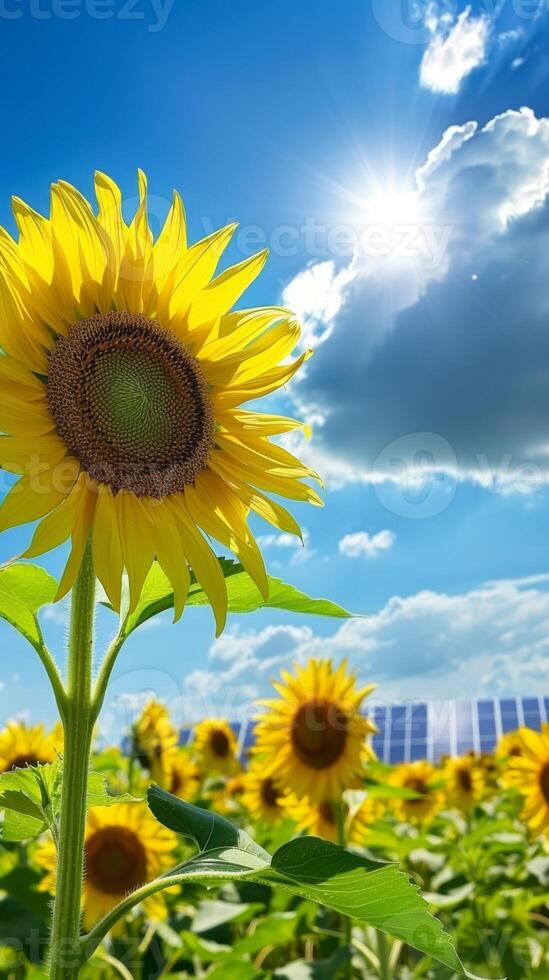 A vibrant sunflower foreground with solar panels in the sunny backdrop photo