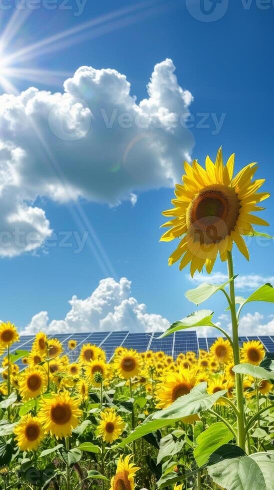 Sunflowers in the foreground with solar panels and a beautiful blue sky background photo
