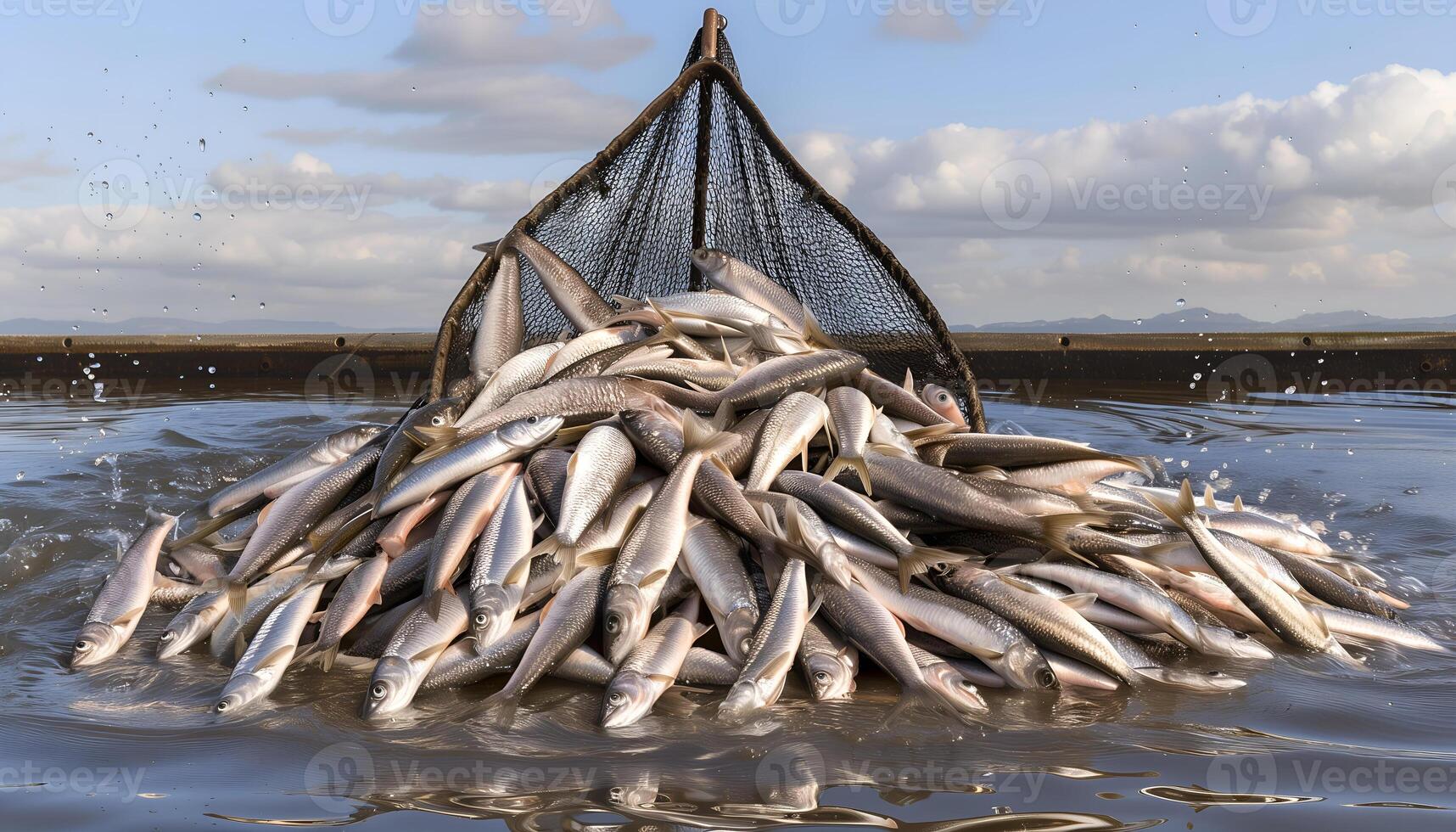 Scoop net with the many fresh fish photo