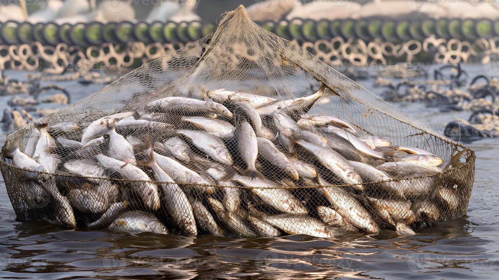 Scoop net with the many fresh fish photo