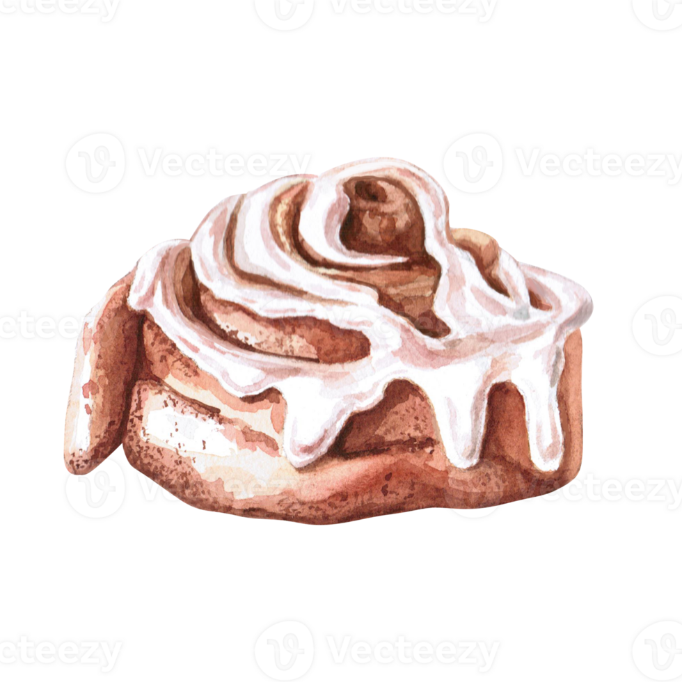 Cinabon, a bun in watercolor illustration on a . Hand drawn baking illustration for cafe, menu, cookbooks, coffee brand logo, bakery. png
