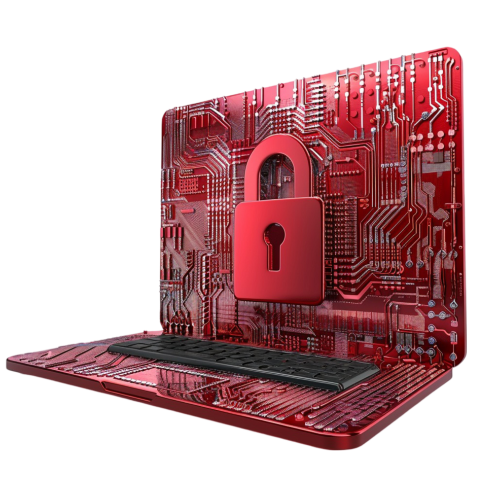 A red laptop with a padlock on it On Transparent Background. png