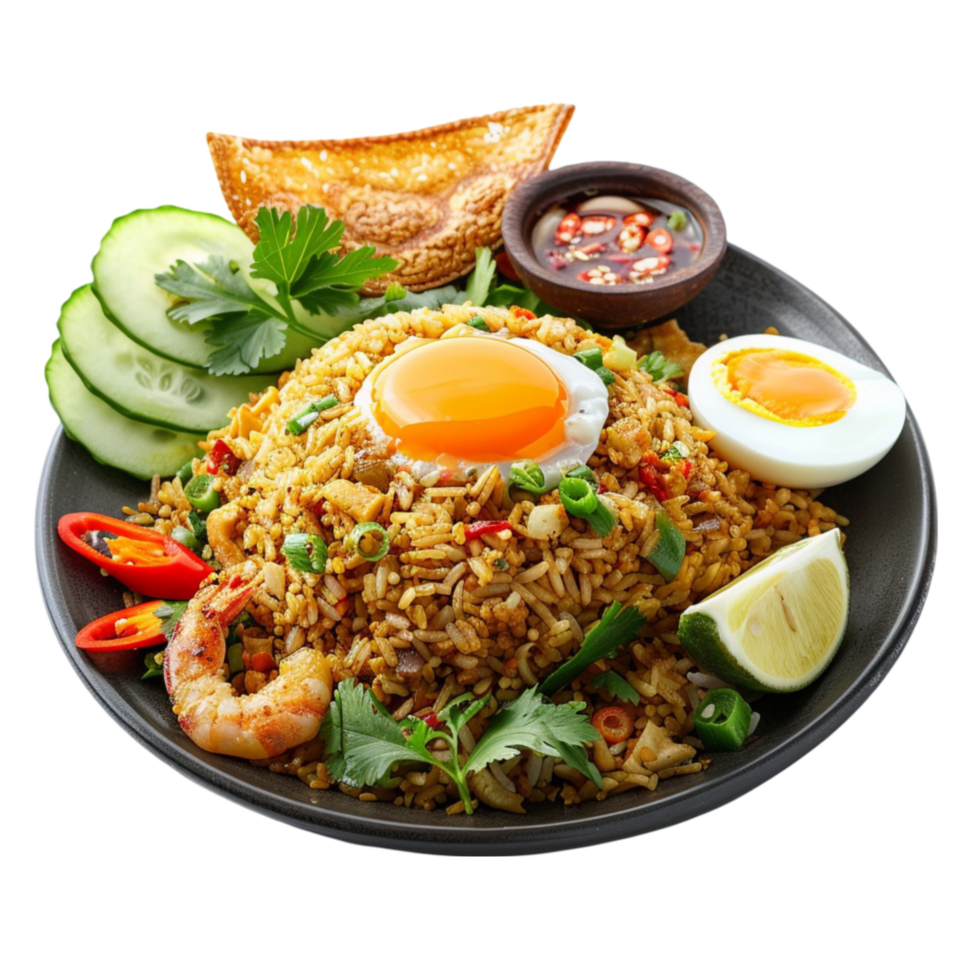 Fried rice with egg, shrimp and vegetables on a plate On Transparent Background. png