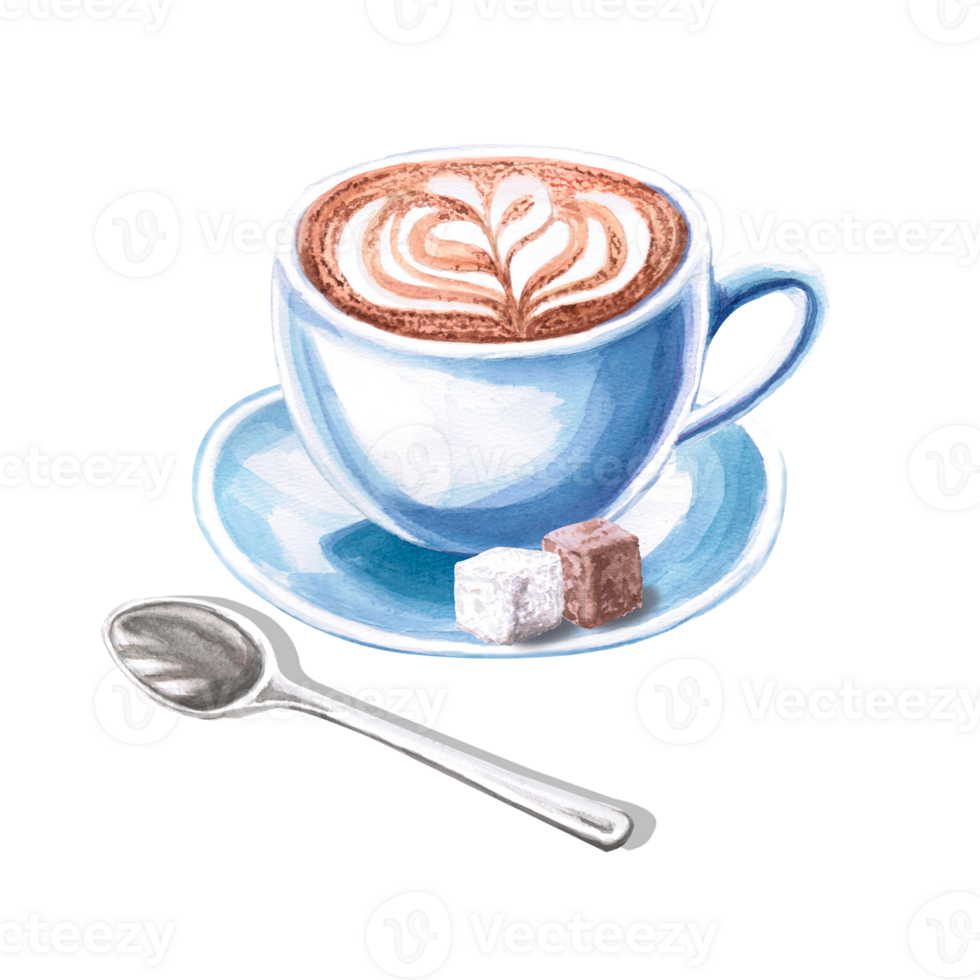 Cappuccino in a ceramic mug on a saucer with sugar and a spoon in a watercolor illustration d. Hand drawn coffee illustration for cafe, menu, cookbooks, coffee brand logo. png