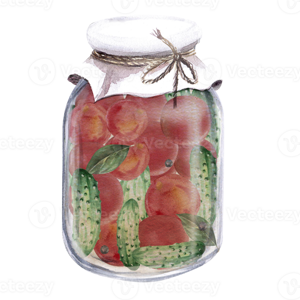 Jar of canned cucumbers and tomatoes in watercolor illustration. Hand drawn illustration of pickled vegetables for cookbooks, recipes and natural products png