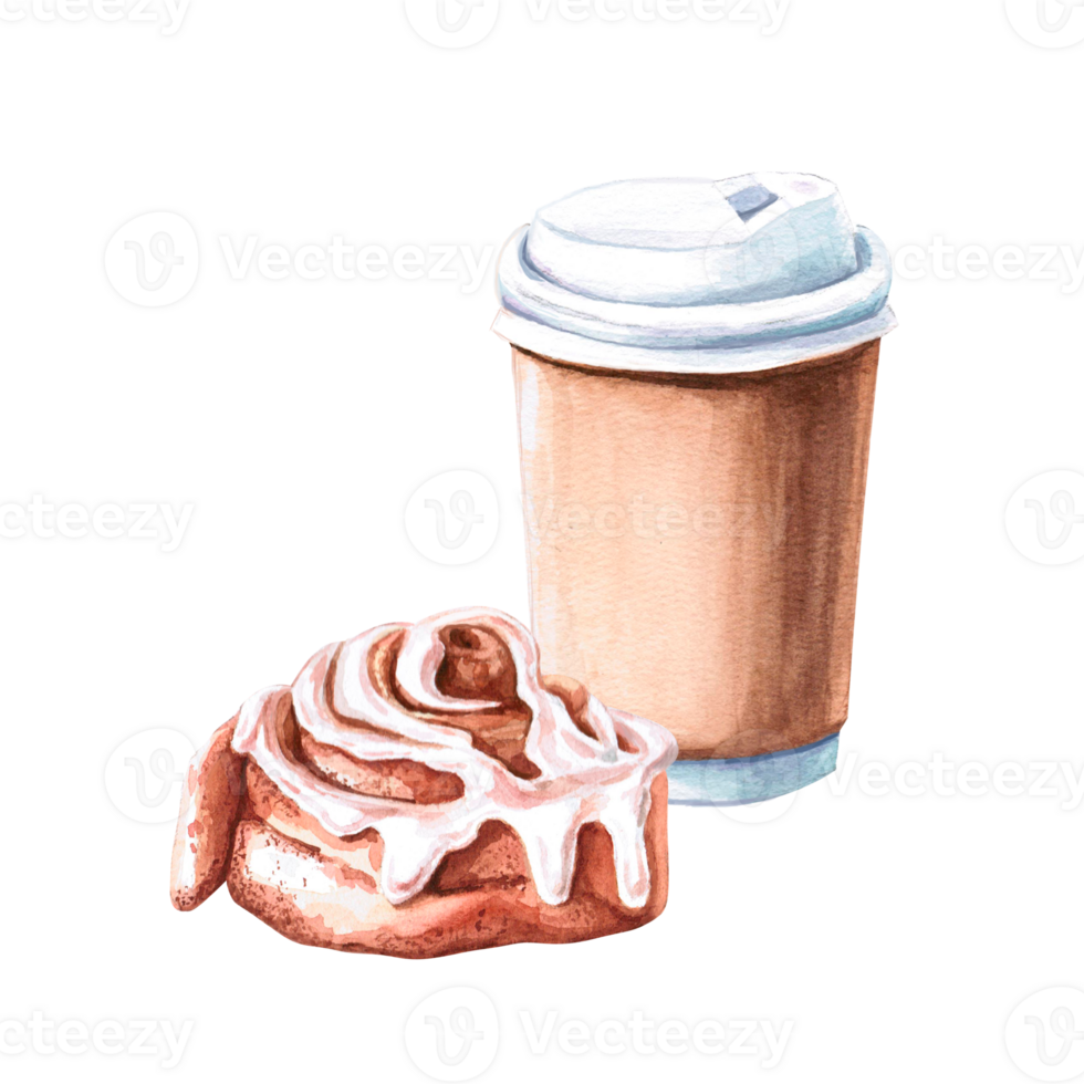 Cinnamon roll with coffee frosting in a paper cup in a watercolor illustration . Hand drawn illustration of pastries and coffee for menu, cookbooks, coffee brand logo, bakery. png