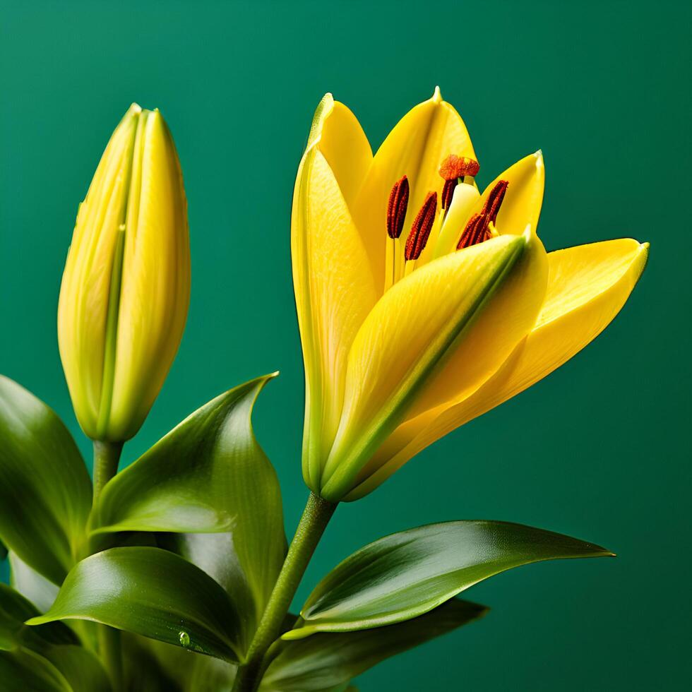 Yellow lily flower bud with leaf photo