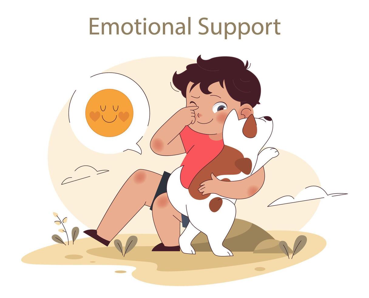 Children and Pets concept. A comforting interaction between a child and a dog, vector