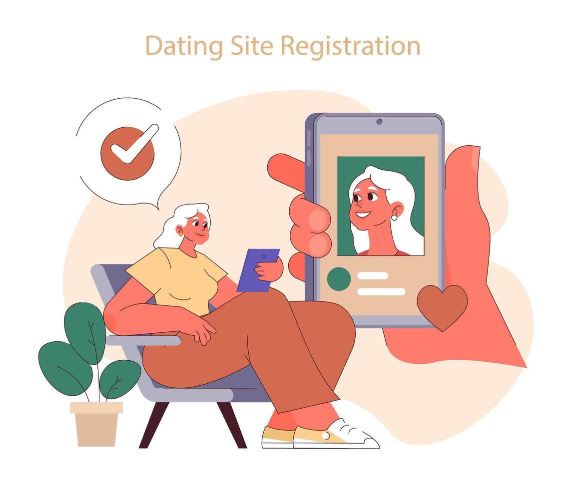 Dating website or social network registration. Senior woman creating vector