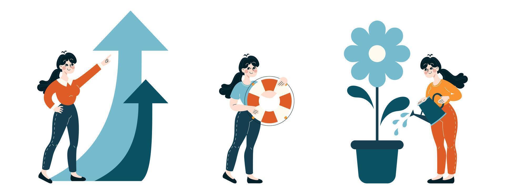 Growth and Support set. A businesswoman points to an upward trend, offers a lifebuoy, and waters a growth metaphor vector
