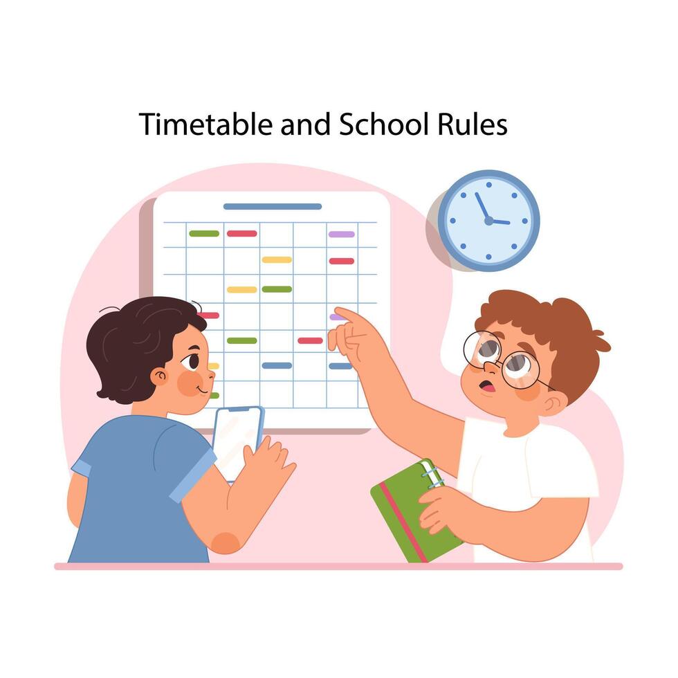 Timetable and school rules. Flat illustration vector