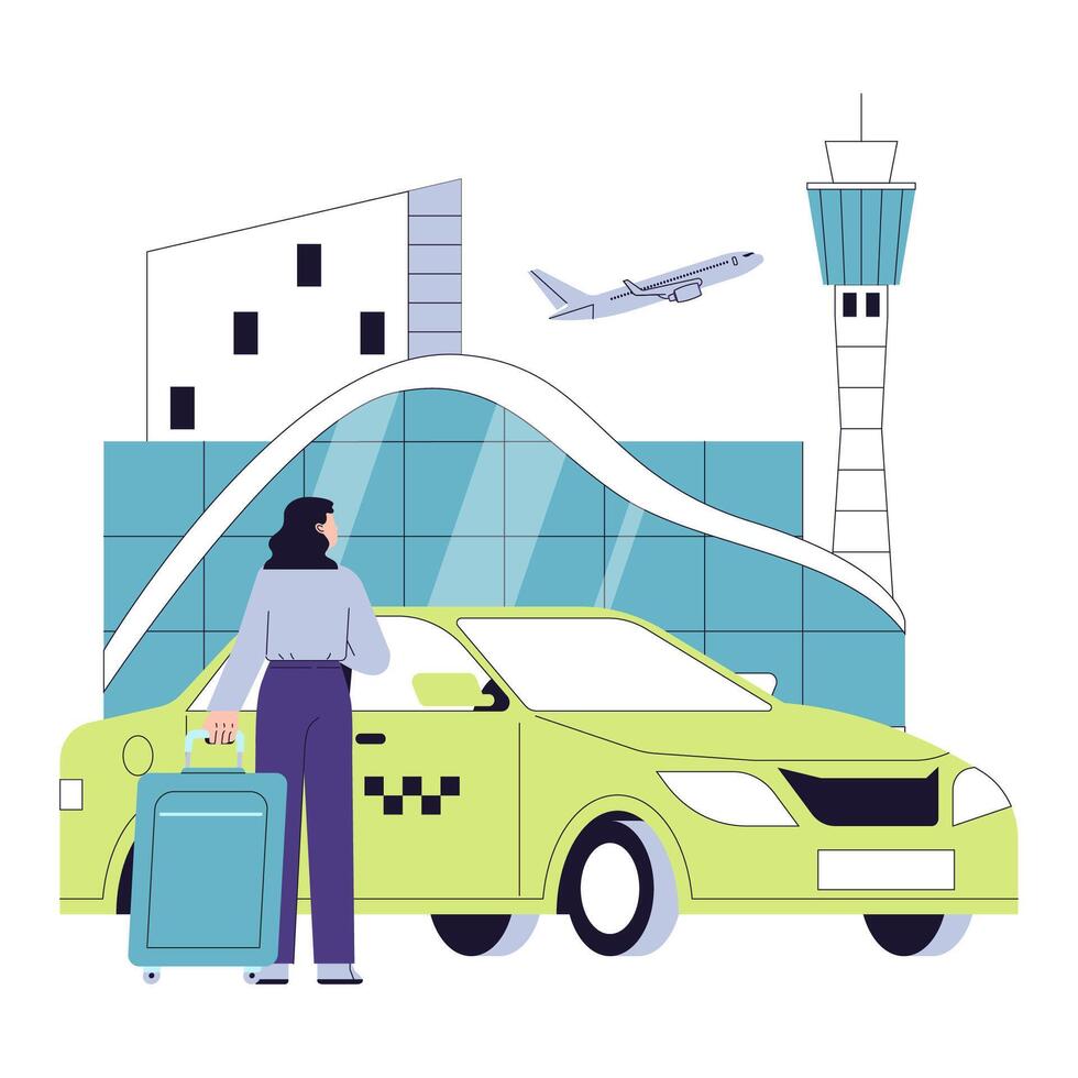 People in the airport. Characters with a suitcase checking-in on a flight vector