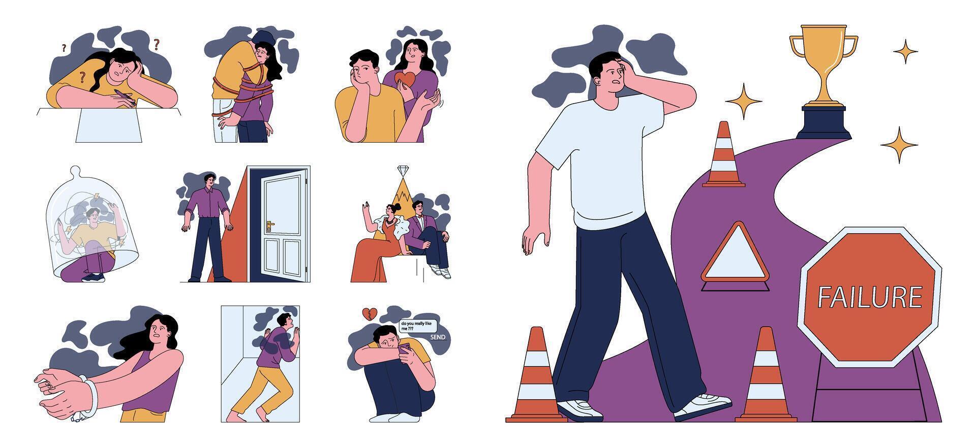 Human fears set. Scared characters confronting personal phobias. Frightened vector