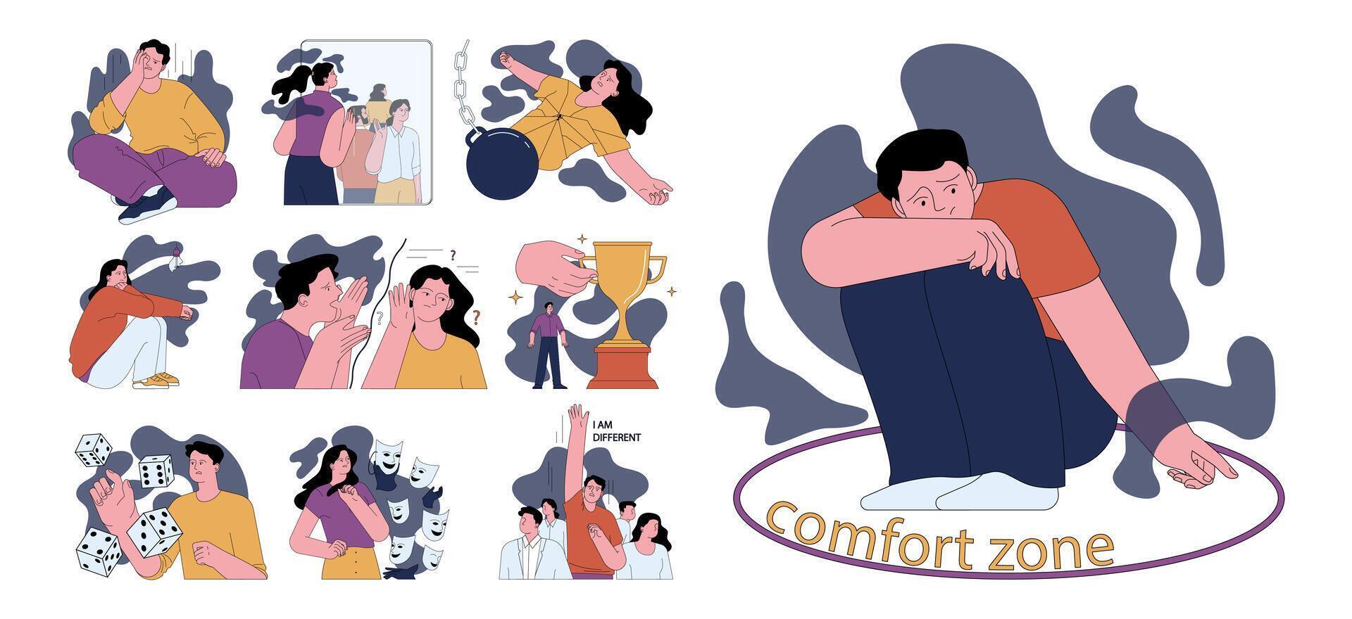 Human fears set. Scared characters confronting personal emotional vector