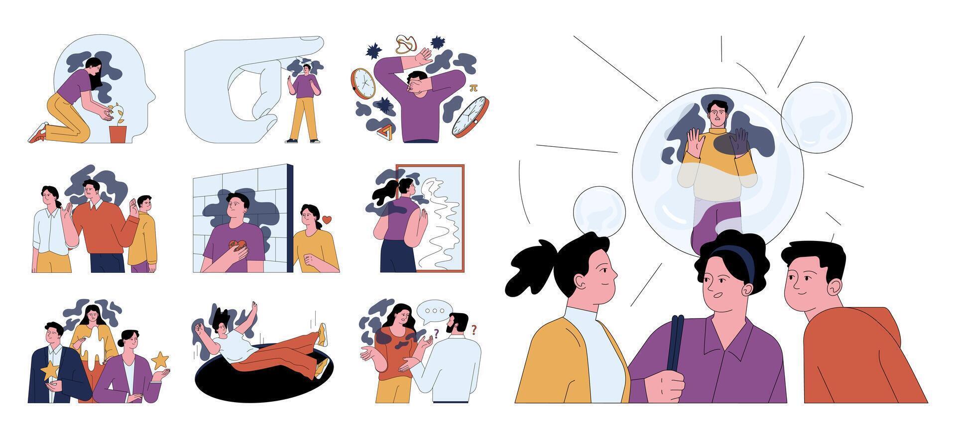 Human fears set. Scared characters confronting personal phobias. Frightened vector