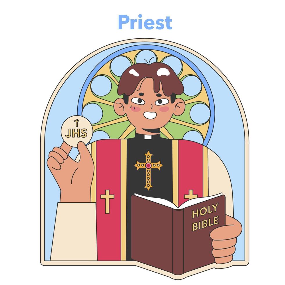 Priest in liturgical vestments holding the Eucharist and Bible. Flat illustration vector