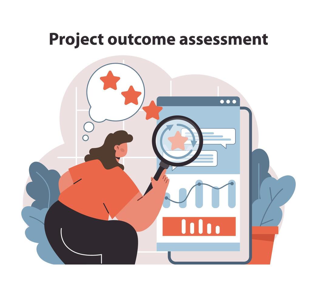 Project Outcome Analysis. Manager scrutinizes performance data, pinpointing. vector