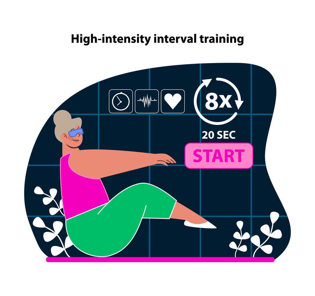 High-intensity interval training in VR. Engage in pulse-racing workouts with virtual guidance. vector