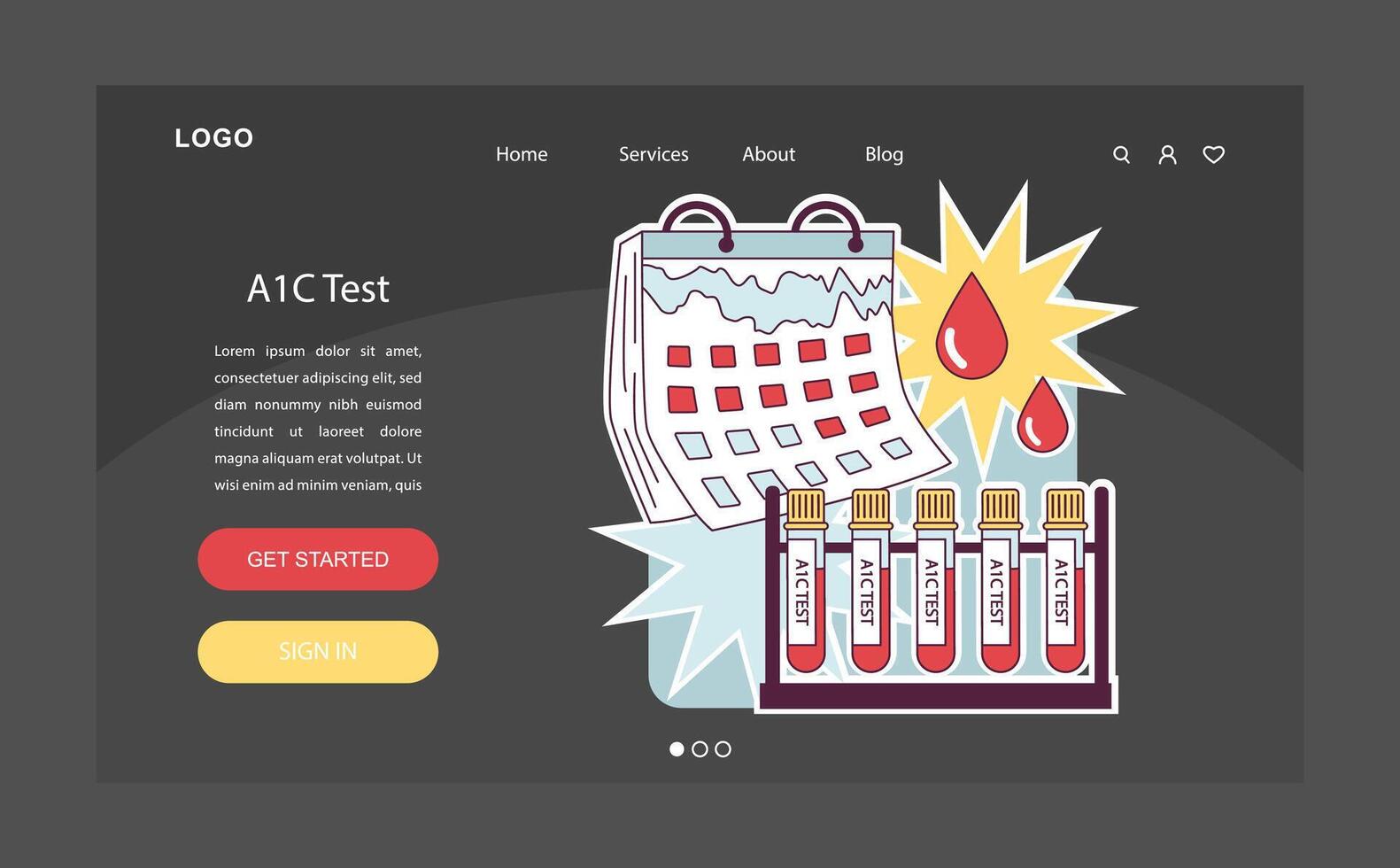 Diabetes web banner or landing page dark or night mode. A1C test. vector