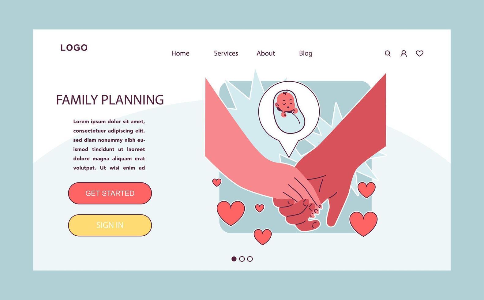 Family planning web or landing. Two hands intertwined, people holding vector