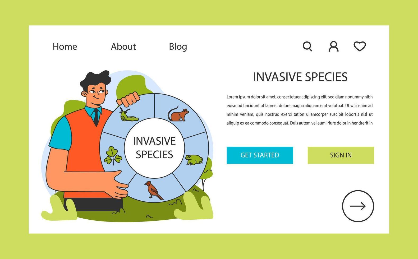 Researcher with a wheel of various invasive species web banner or landing vector