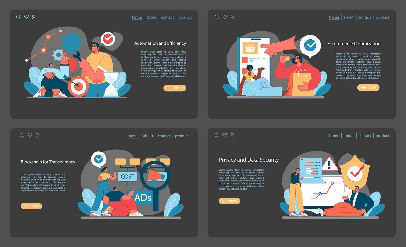 Web Interface set. Showcasing automation, online shopping, blockchain clarity vector